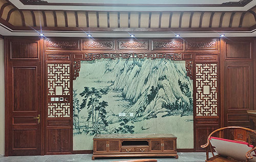 凤泉中式仿古别墅客厅背景墙花格木作装饰